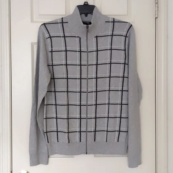 NWT. Express Cotton/Merino Highneck Multicolor Plaid Design Full Zip Sweater. Zip Up